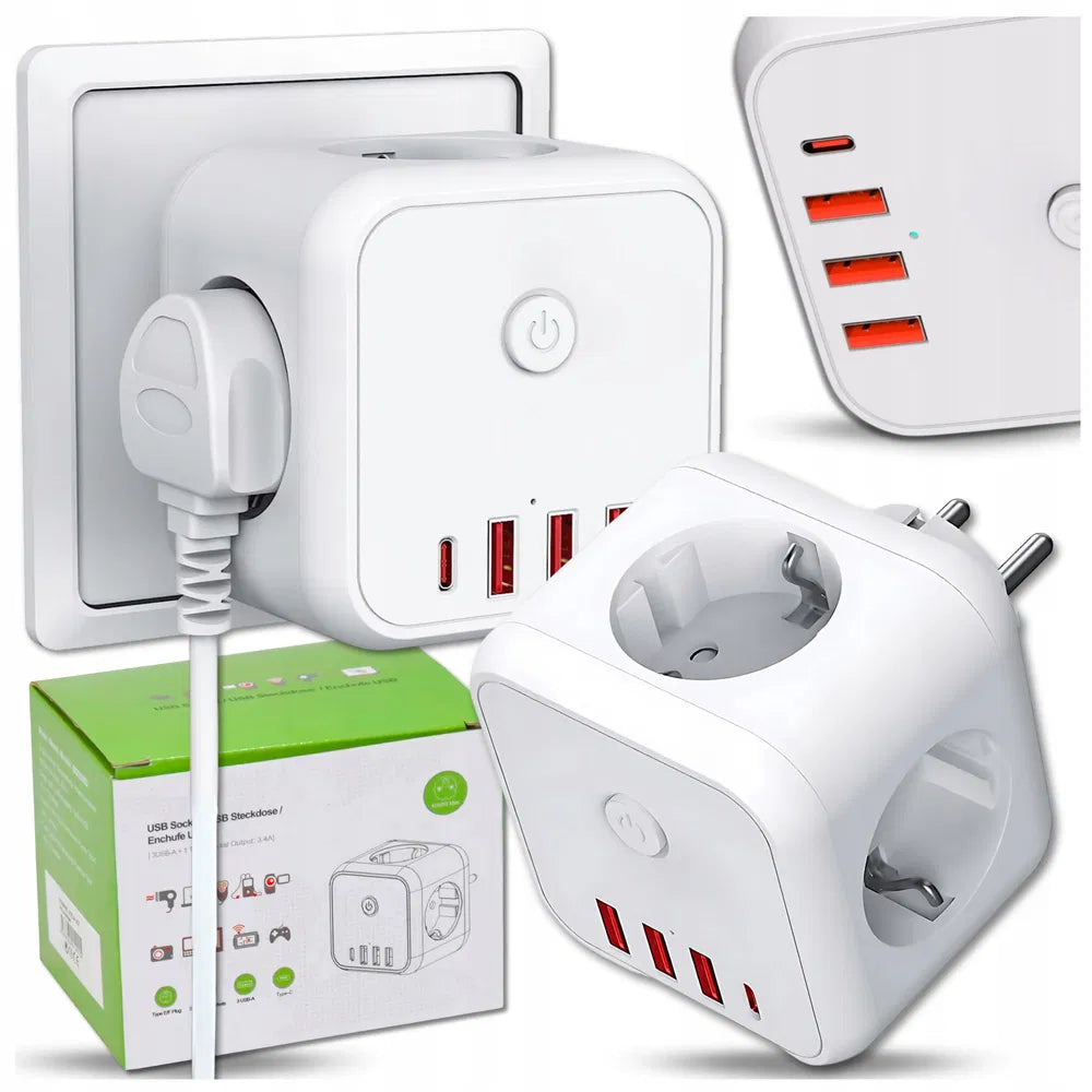 7-in-1 Steckdosenadapter – 3x EU-Steckdose, 3x USB-A, 1x USB-C, 4000W, CE-zertifiziert