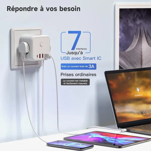 7-in-1 Steckdosenadapter – 3x EU-Steckdose, 3x USB-A, 1x USB-C, 4000W, CE-zertifiziert