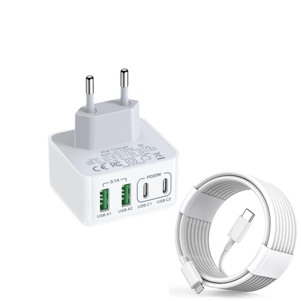 4-Port USB Ladekopf – Schnellladegerät für iPhone & Samsung | 2C + 2A