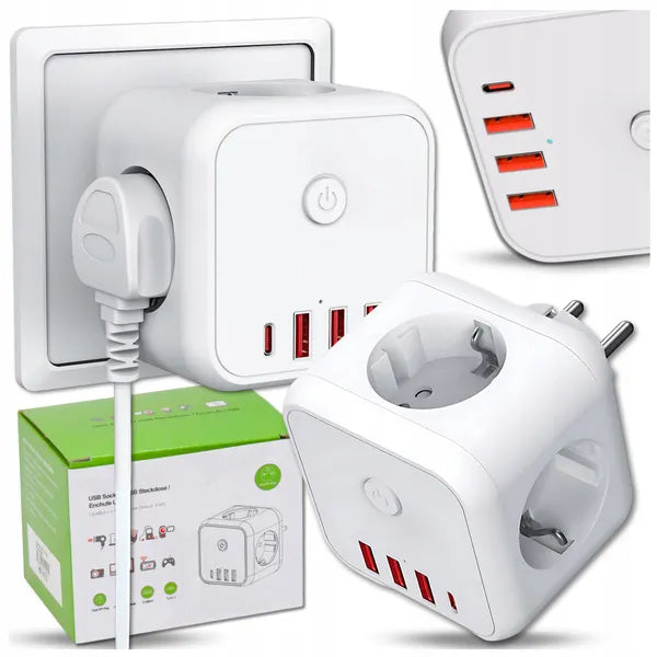 7-in-1 Steckdosenadapter – 3x EU-Steckdose, 3x USB-A, 1x USB-C, 4000W, CE-zertifiziert